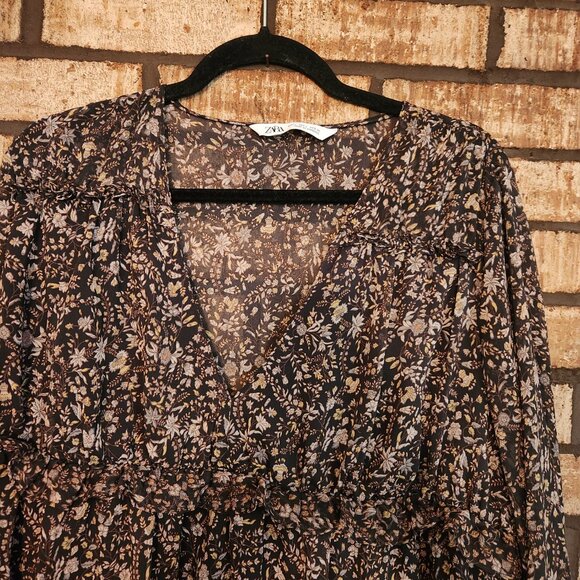 ZARA Brown Floral Sheer V-neck Long Sleeve Boho Mini Dress Size L - Picture 2 of 5